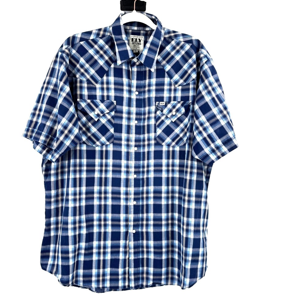 Ely Cattleman Pearl Snap Western Shirt Men's XL Blue Plaid Yellowstone Landman